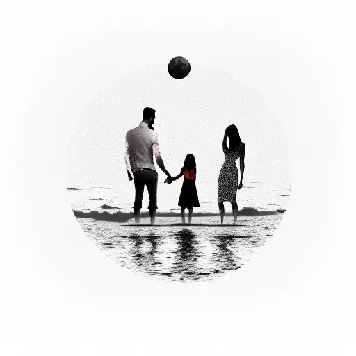 silhouette of husband, wife and daughter stood in sunset tattoo design idea