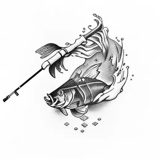 black and gray shadow shilloette of a man fishing from pond bank  tattoo design idea