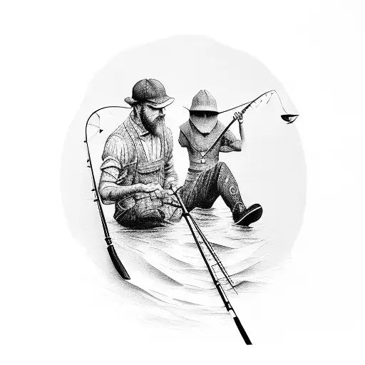 black and gray shadow shilloette of a man fishing from pond bank  tattoo design idea