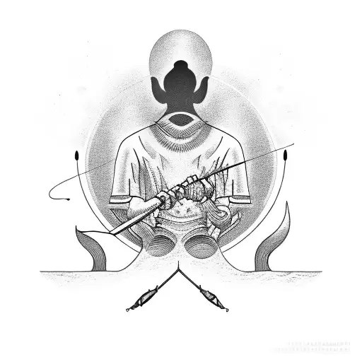 black shadow shilloete of man fishing from the bank tattoo design idea