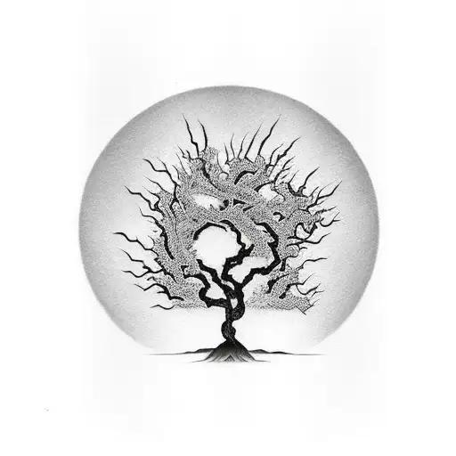 dead tree growing slowly with a sun hiden behind tattoo design idea
