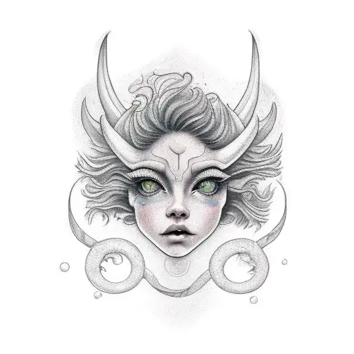 Half Capricorn half girl eith sun background tattoo design idea