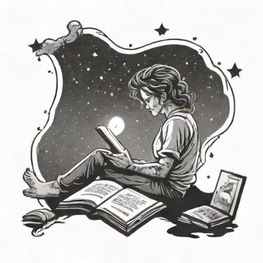 A tattoo design of a person reading a book under a starry sky, with artistic brush strokes and paint splatters surrounding them tattoo design idea