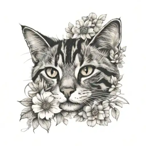 grey black striped cat lies between flowers blooming his name is Elli  tattoo design idea