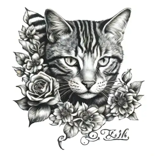 grey blck striped cat lies between flowers in the moonshine his name is Elli tattoo design idea
