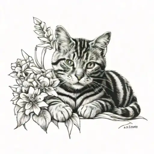 grey black striped cat lies between flowers blooming tattoo design idea
