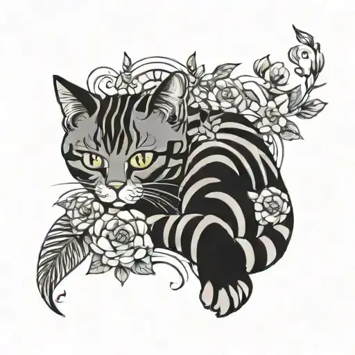 grey black striped Cat lies between Flowers in the Moonshine tattoo design idea