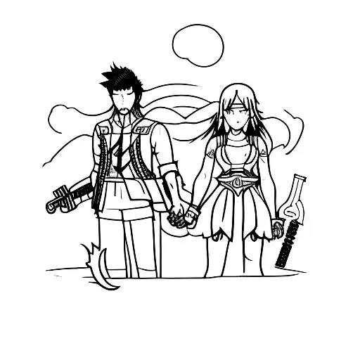 A minimalist tattoo of Luna and Noctis holding hands with their iconic weapons in the background tattoo design idea