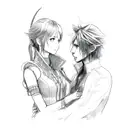 A sketch-like illustration of Luna and Noctis sharing a romantic moment in a beautiful Final Fantasy 15 setting tattoo design idea