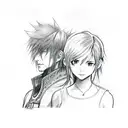 A sketch-like illustration of Luna and Noctis sharing a romantic moment in a beautiful Final Fantasy 15 setting tattoo design idea