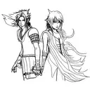 A minimalist depiction of Luna and Noctis from Final Fantasy 15 standing back to back tattoo design idea
