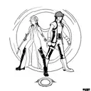 A minimalist depiction of Luna and Noctis from Final Fantasy 15 standing back to back tattoo design idea