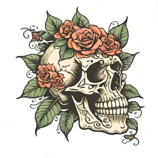 skull with roses wide open tattoo design idea