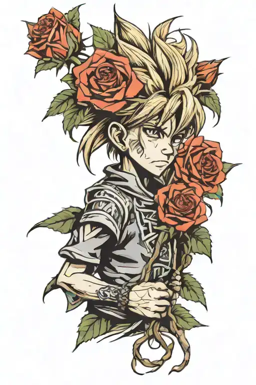 kid yugi holding thorny roses with the writing chekhov's iron on them tattoo design idea