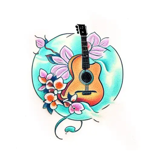 guitar with orange blossom  tattoo design idea