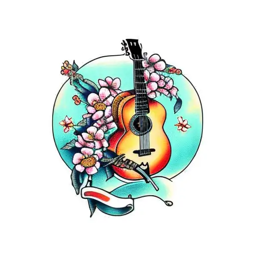 guitar with orange blossom  tattoo design idea