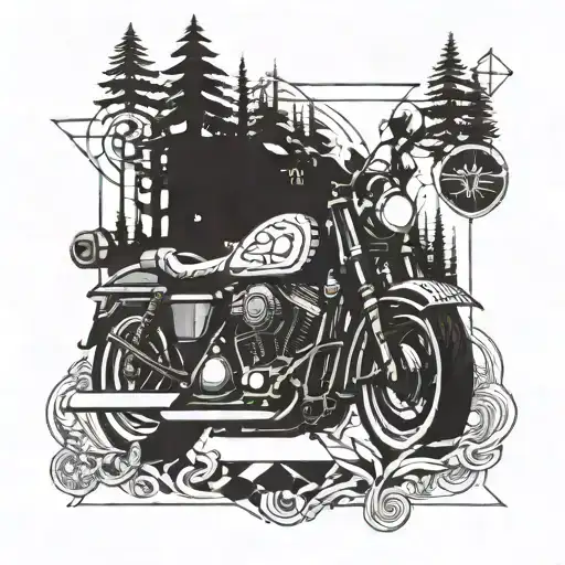 A geometric interpretation of a Harley Davidson motorcycle surrounded by abstract forest shapes and patterns tattoo design idea