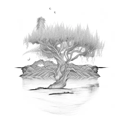 Willow tree and a river tattoo design idea