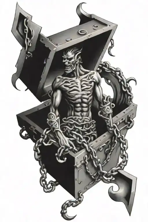 open pandora's box with demons and chains tattoo design idea