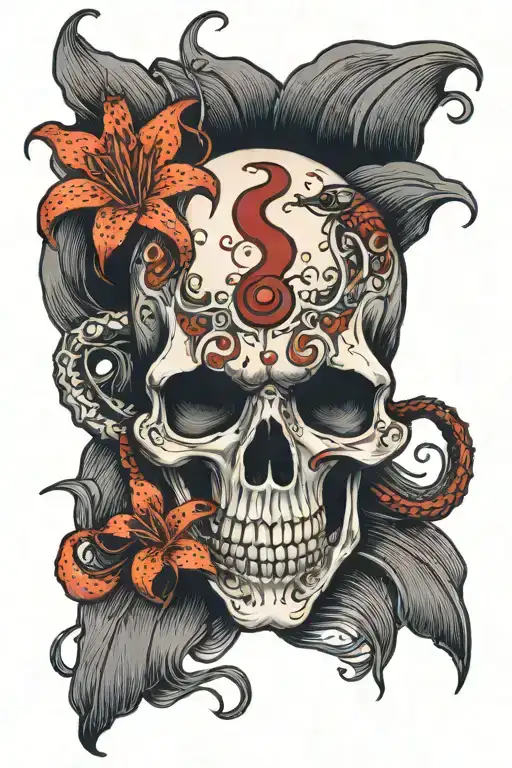 one eyed skull with a red spider lilly growing out of it with a centipede spiraling around it tattoo design idea