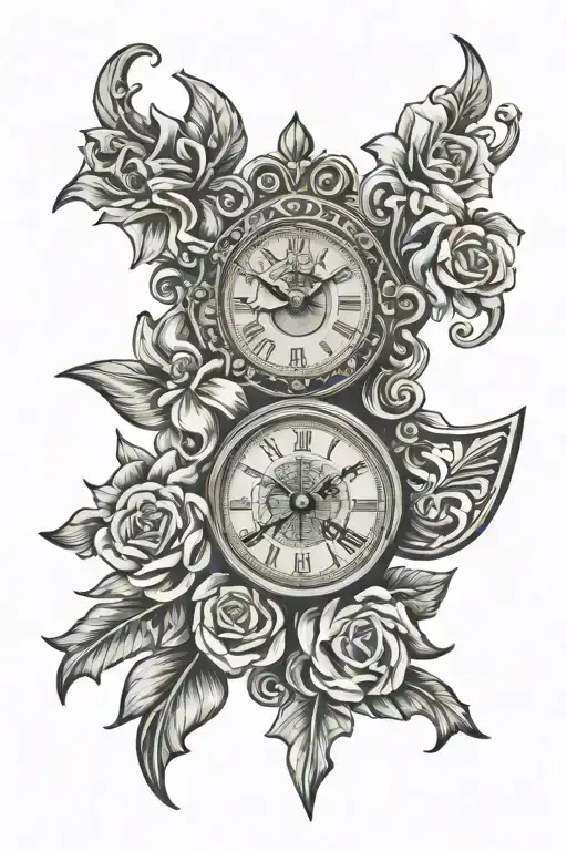 theater masks, clock, cross of Jesus, flower, clock tattoo design idea