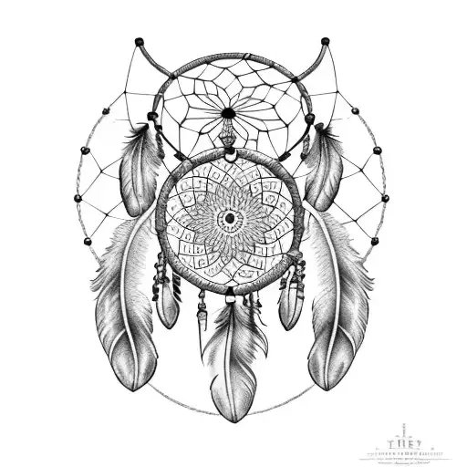 A dreamcatcher with intricate dotwork detailing and crow feathers intertwined tattoo design idea