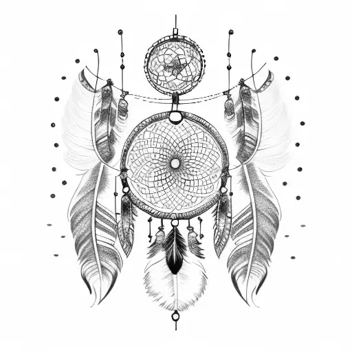 A dreamcatcher with intricate dotwork detailing and crow feathers intertwined tattoo design idea