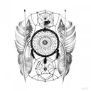 A dreamcatcher with intricate dotwork detailing and crow feathers intertwined tattoo design idea