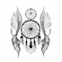 A dreamcatcher with intricate dotwork detailing and crow feathers intertwined tattoo design idea