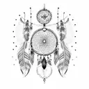 A dreamcatcher with intricate dotwork detailing and crow feathers intertwined tattoo design idea