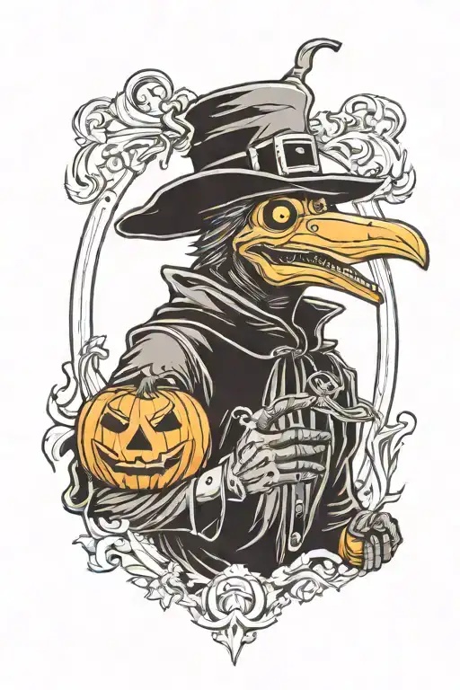 plague doctor holding a jack o' lantern tattoo design idea