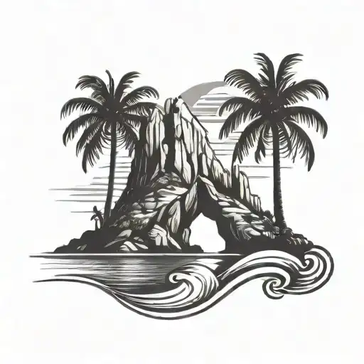 A stylized silhouette of Ibiza's iconic Es Vedra rock formation, surrounded by waves and palm trees, capturing the essence of the island's beauty and music scene tattoo design idea
