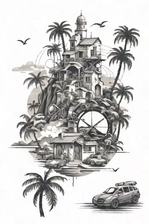A surreal landscape featuring a blend of Ibiza's famous landmarks and symbols of house music, creating a dreamlike scene that captures the essence of the client's favorite things tattoo design idea