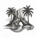 A stylized silhouette of Ibiza's iconic Es Vedra rock formation, surrounded by waves and palm trees, capturing the essence of the island's beauty and music scene tattoo design idea