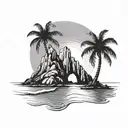 A stylized silhouette of Ibiza's iconic Es Vedra rock formation, surrounded by waves and palm trees, capturing the essence of the island's beauty and music scene tattoo design idea