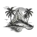 A stylized silhouette of Ibiza's iconic Es Vedra rock formation, surrounded by waves and palm trees, capturing the essence of the island's beauty and music scene tattoo design idea