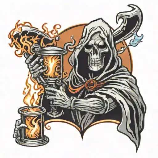 sleeve from shoulder to elbow of grim reaper holding an hour glass above candles with smoke and flames going around tattoo design idea