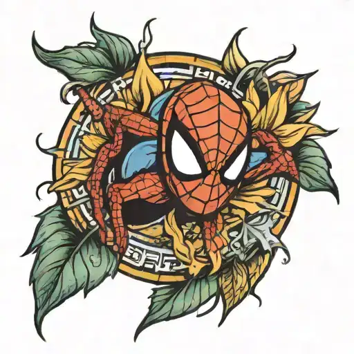 cartoon spider man head in the middle of a sunflower tattoo design idea