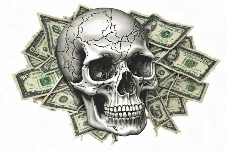 skull surrounded by $100 bills floating tattoo design idea