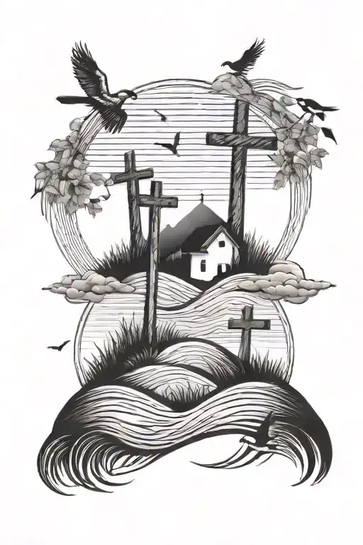 3 crosses on a hill, wheat, ocean waves, small birds flying tattoo design idea