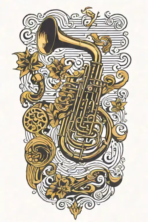 Mahler, trombone, thunder, storm, ornamental, musical notes tattoo design idea