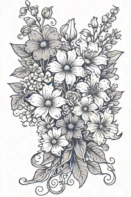 Side view flower bouquet: 4 flowers only (cosmos, Lily of the valley, rose, daisy). Long stems tied in a bow. tattoo design idea