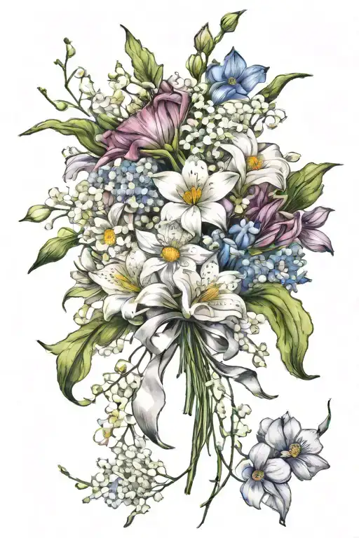 A flower bouquet containing 4 flowers only: cosmos, Lily of the valley, rose, & daisy. Long stems tied in a bow. Color! tattoo design idea