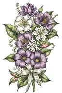 Side view flower bouquet: 4 flowers only (cosmos, Lily of the valley, rose, daisy). Long stems tied in a bow. Color! tattoo design idea