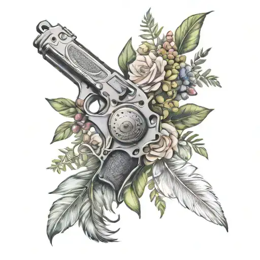 feather olive leaves gun cards flowers tattoo design idea