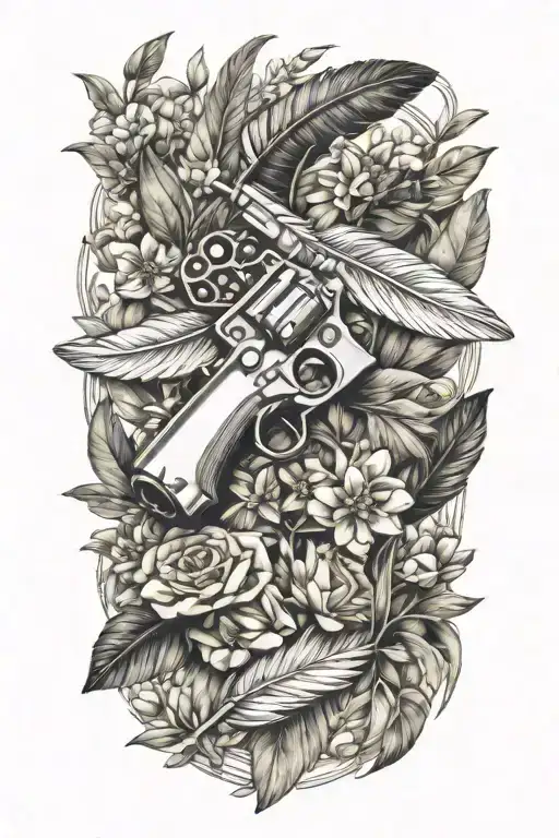feather olive leaves gun cards flowers tattoo design idea