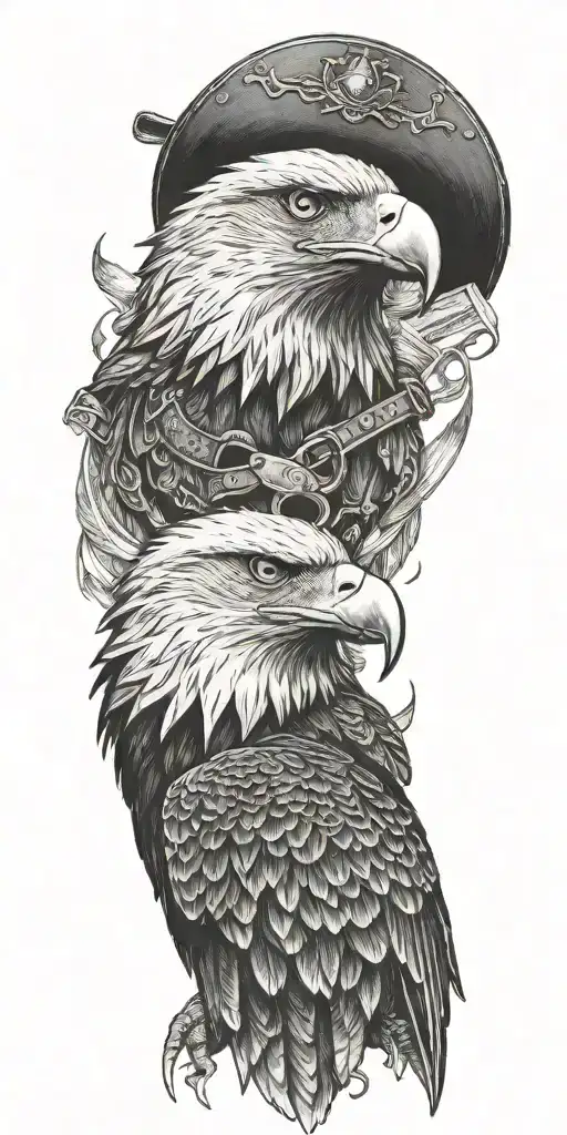 eagle head with a wing partially covering the face. incorporate an old ship on fire. incorporate a cowboy with a gun tattoo design idea