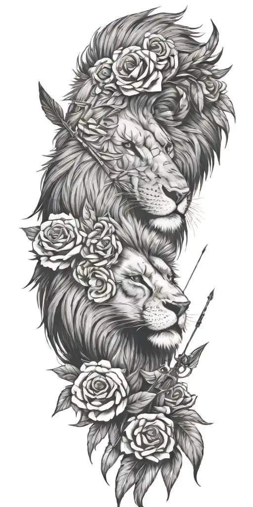A gun and arrow crossed with a lion's head and feathers entwined, surrounded by roses tattoo design idea