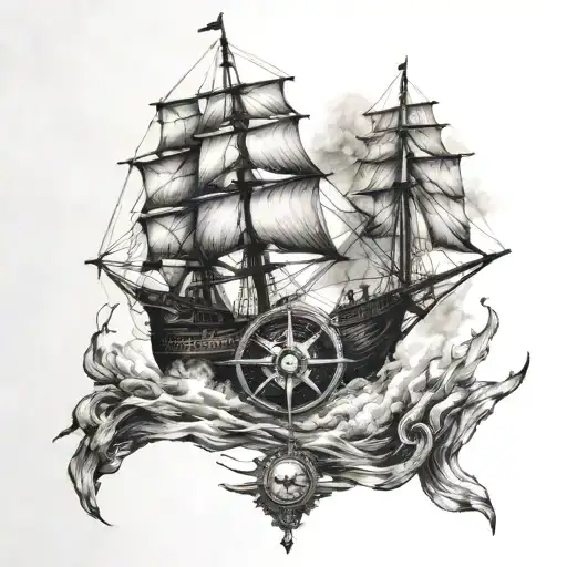 burning ship incorporate compass incorporate knot incorporate eagle tattoo design idea