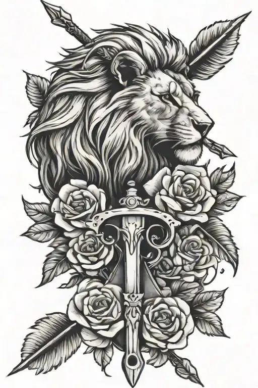 A gun and arrow crossed with a lion's head and feathers entwined, surrounded by roses tattoo design idea